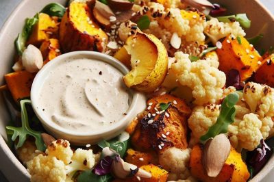 Roasted Cauliflower and Quinoa Sweet Potato Salad with Lemon Tahini Dressing