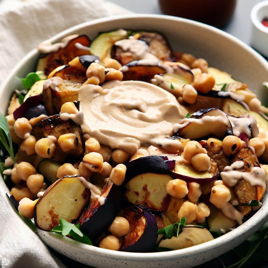 Roasted Eggplant and Chickpea Salad with Tahini Dressing