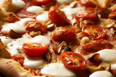 Roasted Garlic and Tomato Pizza with White Sauce and Mozzarella Cheese