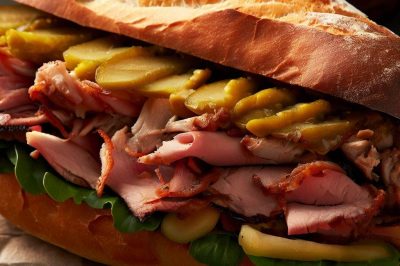 Roasted Pork and Ham Sandwich with Pickles and Mustard on a Baguette