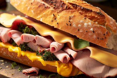 Roasted Pork and Ham with Swiss and Mustard on a Baguette