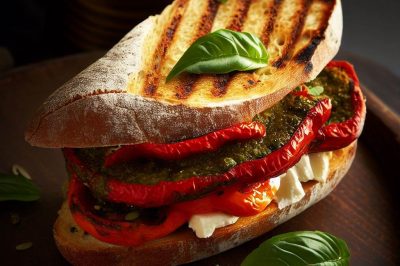 Roasted Red Pepper and Goat Cheese Sandwich with Pesto