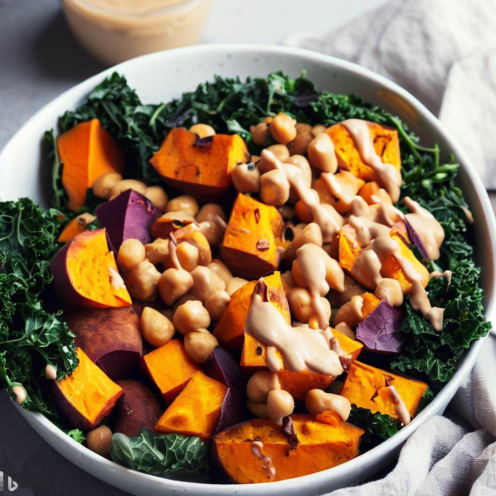 Roasted Sweet Potato, Kale and Chickpea Salad with Tahini Dressing