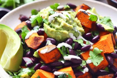 Roasted Sweet Potato and Black Bean Avocado Salad with Cilantro Lime Dressing