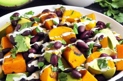 Roasted Sweet Potato and Black Bean Mango Avocado Salad with Cilantro Lime Dressing