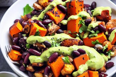 Roasted Sweet Potato and Black Bean Quinoa Salad with Avocado Lime Dressing