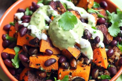 Roasted Sweet Potato and Black Bean Quinoa Salad with Cilantro Lime Dressing