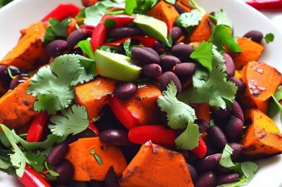 Roasted Sweet Potato and Black Bean Red Pepper Salad with Cilantro Lime Dressing