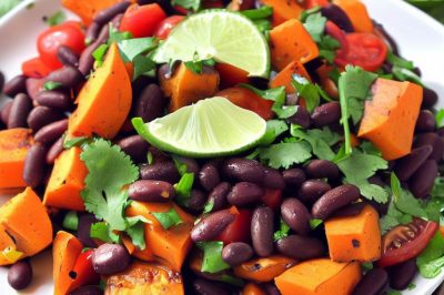 Roasted Sweet Potato and Black Bean and Tomato Salad with Cilantro Lime Dressing