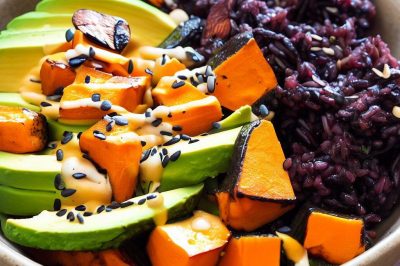 Roasted Sweet Potato and Black Rice Avocado Salad with Miso Dressing