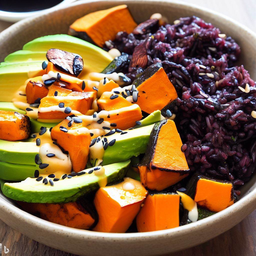 Roasted Sweet Potato and Black Rice Avocado Salad with Miso Dressing
