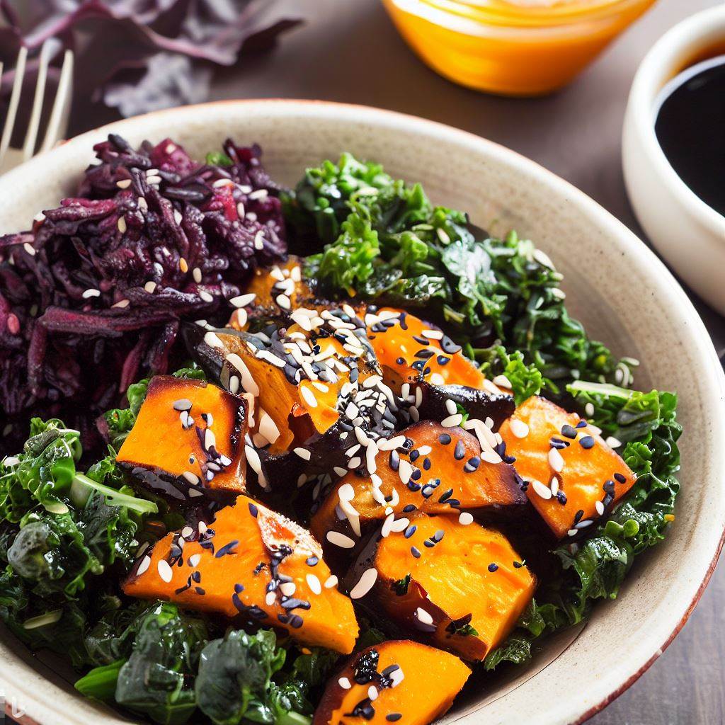 Roasted Sweet Potato and Black Rice Kale Salad with Miso Dressing
