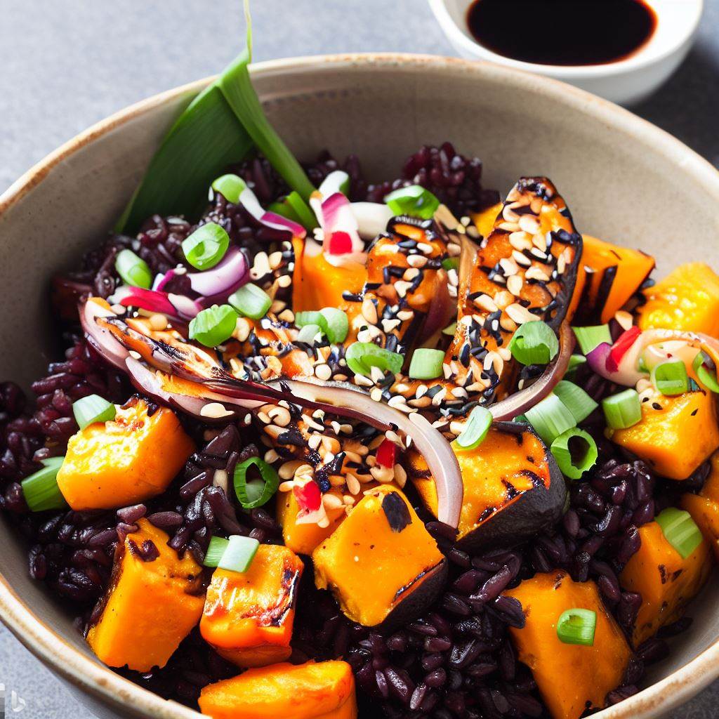 Roasted Sweet Potato and Black Rice Salad with Ginger Miso Dressing