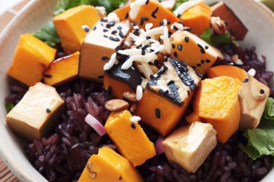 Roasted Sweet Potato and Black Rice and Tofu Salad with Miso Dressing