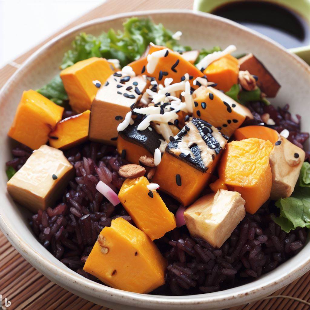 Roasted Sweet Potato and Black Rice and Tofu Salad with Miso Dressing