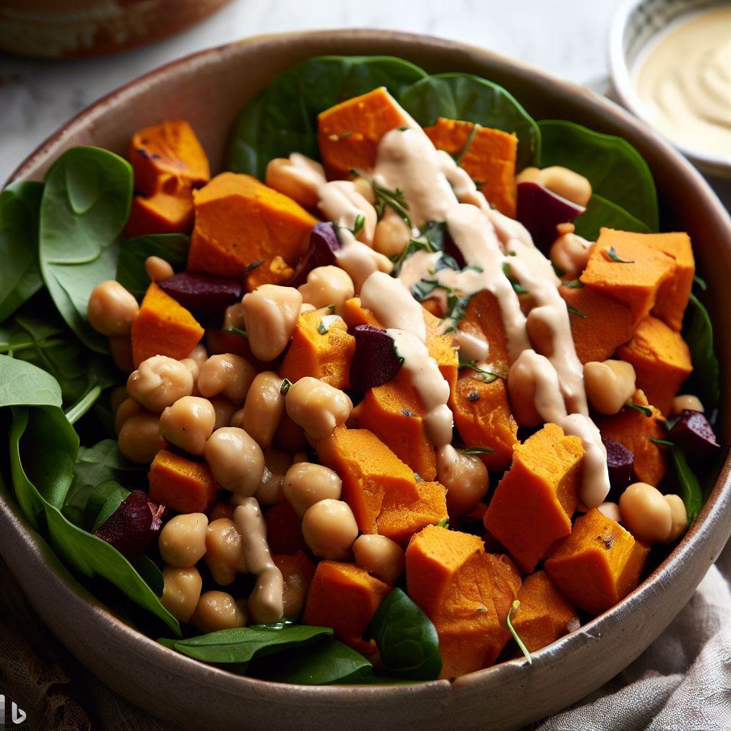 Roasted Sweet Potato and Chickpea and Spinach Salad with Tahini Dressing