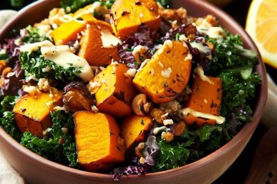 Roasted Sweet Potato and Kale Quinoa Salad with Lemon Garlic Dressing