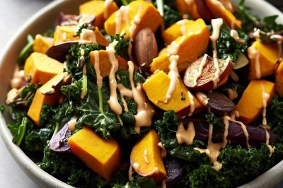 Roasted Sweet Potato and Kale Salad with Lemon Tahini Dressing