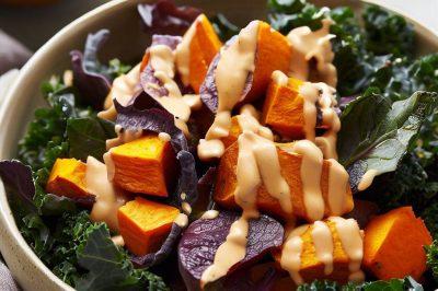 Roasted Sweet Potato and Kale Salad with Tahini Dressing