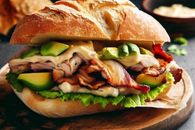 Roasted Turkey and Bacon Ciabatta Sandwich with Avocado Mayo
