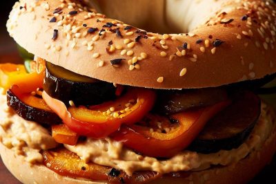 Roasted Vegetable and Hummus Bagel Sandwich