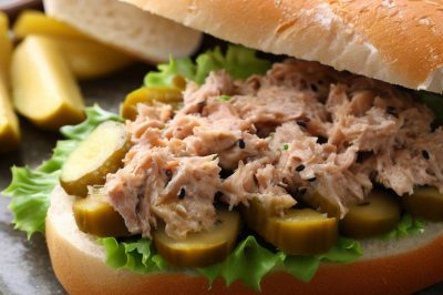 Tuna Salad Sandwich with Pickles and Lettuce