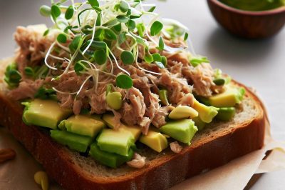 Tuna Salad with Avocado and Sprouts on Whole Wheat Bread