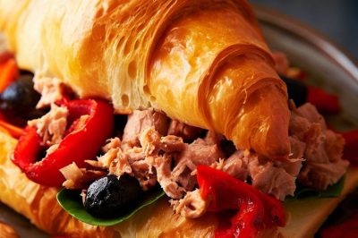 Tuna Salad with Roasted Red Peppers and Olives on a Croissant