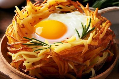 Baked Egg in a Nest of Crispy Potatoes and Cheese