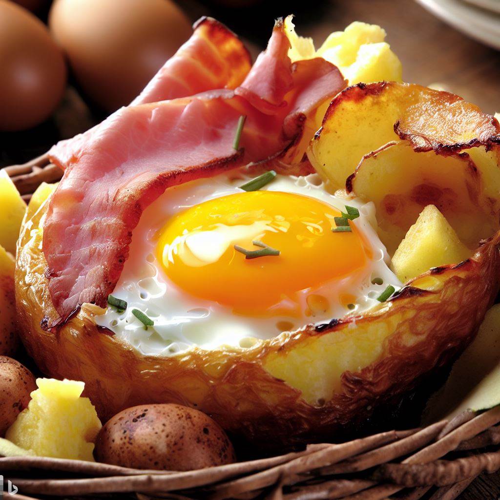 Baked Egg in a Nest of Potatoes and Ham