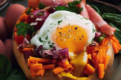 Baked Egg in a Nest of Sweet Potatoes, Ham, Cheese and Veggies