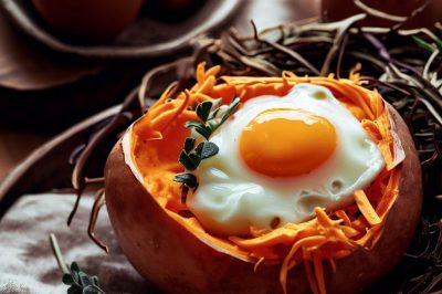 Baked Egg in a Nest of Sweet Potatoes and Cheese