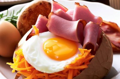 Baked Egg in a Nest of Sweet Potatoes and Ham