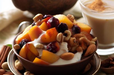 Chai Tea, Fruit Compote, and Mixed Nuts Yogurt
