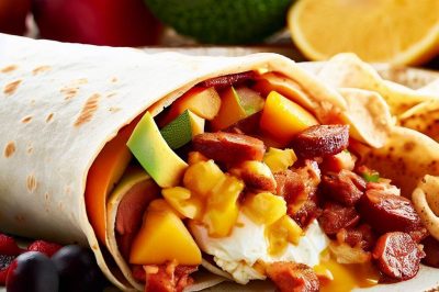 Fresh Fruit Breakfast Burrito with Eggs, Cheese, and Chorizo