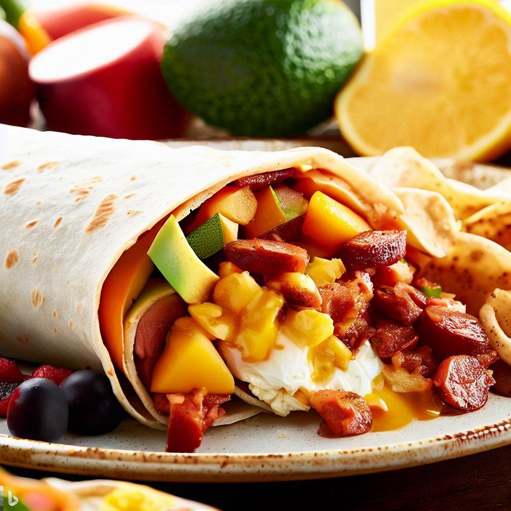 Fresh Fruit Breakfast Burrito with Eggs, Cheese, and Chorizo