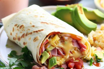 Ham and Cheese Breakfast Burrito with Salsa, Avocado, and Herbs