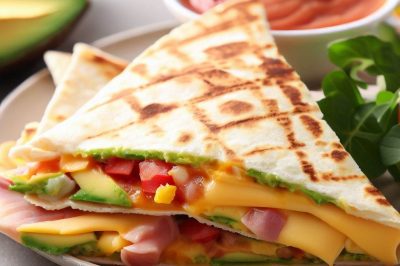 Ham and Cheese Breakfast Quesadilla with Salsa and Avocado