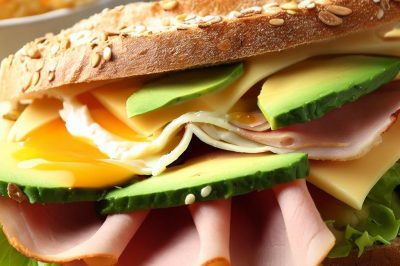 Ham and Egg Breakfast Sandwich with Cheese and Avocado