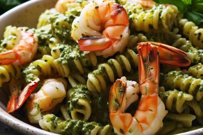 Oil-Free Pesto Pasta with Grilled Shrimp