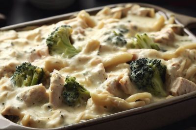 One-Serving Chicken and Broccoli Alfredo Bake