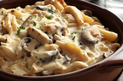 One-Serving Chicken and Mushroom Alfredo Bake