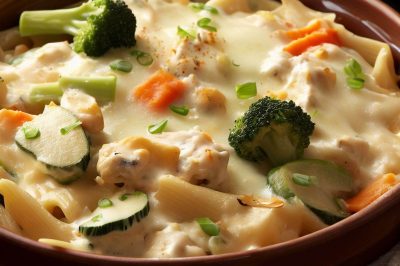 One-Serving Chicken and Vegetable Alfredo Bake