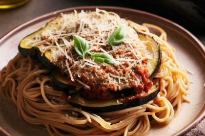 One Serving Oil-Free Eggplant Parmesan Pasta