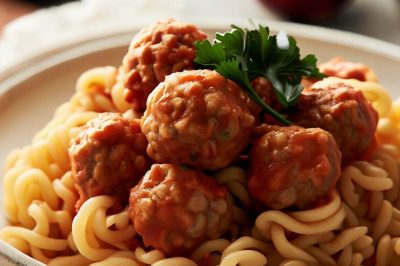 One Serving Oil-Free Pasta with Meatballs and Tomato Sauce