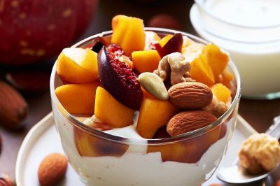 One Serving Pumpkin Spice Fruit Compote and Mixed Nuts Yogurt
