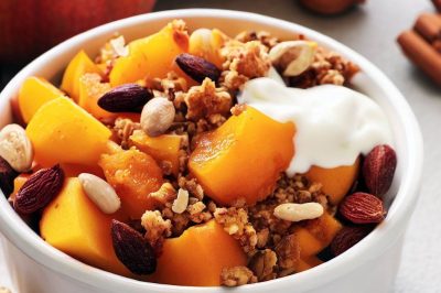 One-Serving Pumpkin Spice Fruit Compote with Mixed Nuts and Granola Yogurt