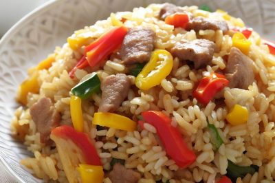 One-Serving Stir-Fried Rice with Pork and Bell Peppers