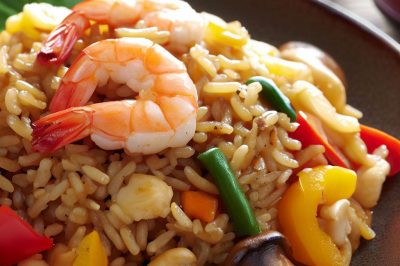 One-Serving Stir-Fried Rice with Shrimp, Bell Peppers, and Mushrooms