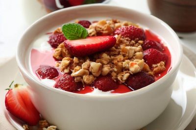 One Serving Strawberry Fruit Compote with Mixed Nuts and Granola Yogurt